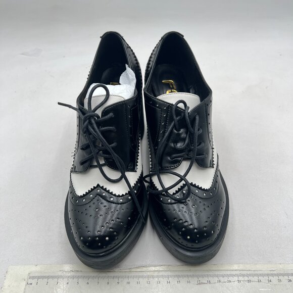 FSJ Black/White Closed Toe Platform Pumps Lace Up Vintage Chunky High Heel Shoes - Picture 2 of 7